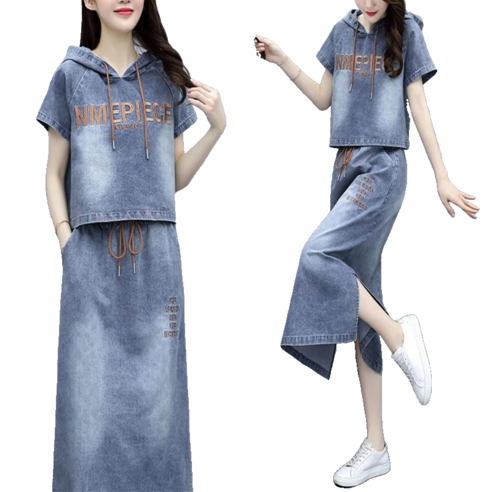 루즈핏 여성 데님 후드 트레이닝세트 여름 반팔 셋업