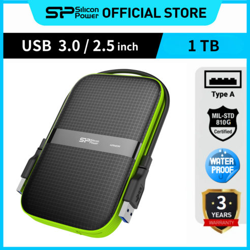 실리콘파워 Silicon Power 외장HDD 외장하드 익스트림 방수 방진 휴대용 포터블 A60, 1TB, 그린