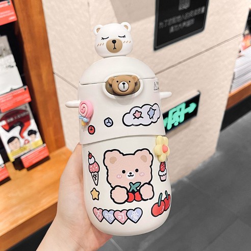 [LM] 500ml 곰 스티커 보온병 스테인레스 스틸 절연 뜨거운 음료 컵 밀짚 선물, White C