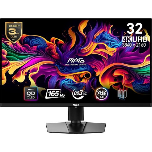 MSI MAG 321UP QD-OLED 32인치 3840 x 2160UHD 컴퓨터 모니터 165Hz 어댑티브 싱크 HDMI 디스플레이 포트 VGA VESA 장착 가능 기, 단일사이즈