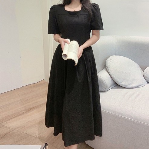 안유 셔링 프릴 어깨 스퀘어 넥 원피스 여름 원피스 여성 롱 원피스 11 탱커스 여성 스퀘어넥 퍼프 반소매 롱 원피스