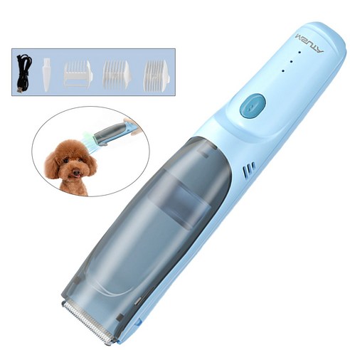 흡입이발기 무선애견이발기 세트 USB 충전식 저소음 방수 애견미용기 털흡입기능, 푸른색, 3개