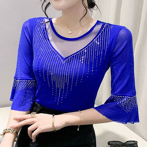 모네르 브이넥 시스루 큐빅탑 여성 라인댄스복 상의, 블루