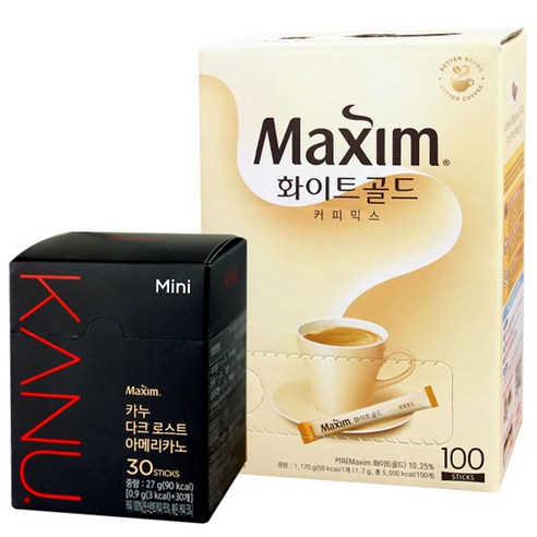 [블루존] 맥심 화이트골드 커피믹스 100개입 + 카누 다크 로스트 아메리카노 미니 30개입, 1세트