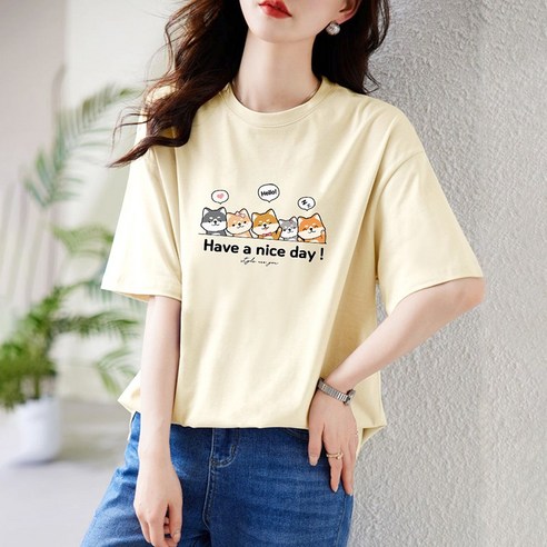 스타일아유 고양이 캐릭터 프린트 여성 면100% 루즈핏 캐주얼 라운드넥 롱반팔티 TS2478