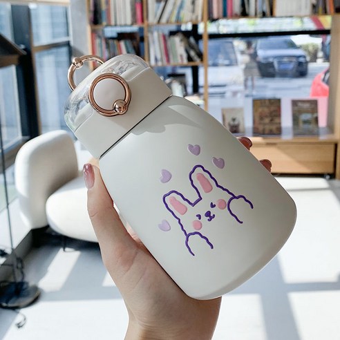 DFMEI 텀블러 여성 러블리 주전자 하이비주얼 빨대 컵 스포츠 휴대용 대용량 컵, 백인 사랑 토끼, 400ml 컵