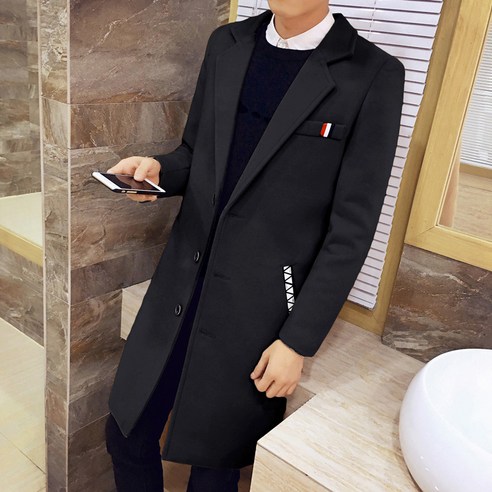 YY남자의 잘 생긴 모직 코트 회색 한국 스타일 겨울 두꺼운 롱 코트 슬림 남성 중반 모직 재킷