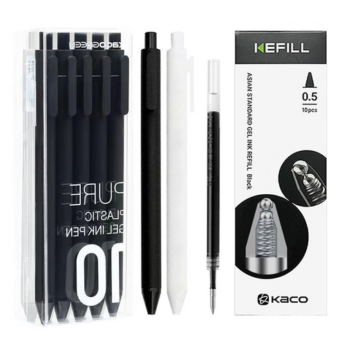 카코 퓨어 젤 잉크펜 0.5mm 블랙 5p + 화이트 5p + 리필 심 10p