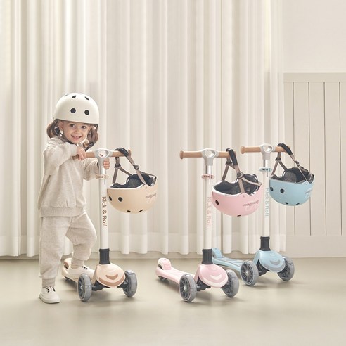 베네베네 킥앤롤 광폭 LED 폴딩 유아 아기 어린이 킥보드 스쿠터 접이식 씽씽카, 브라운, 1개