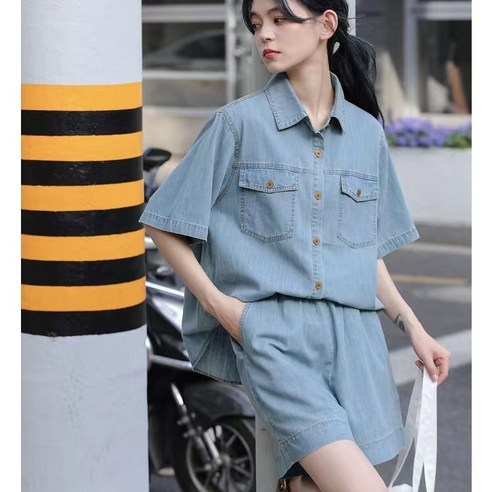 여성 여름 루즈핏 오버핏 데님 셔츠 자켓과 와이드핏 반바지 밴딩 세트 데님투피스 여성 여름 루즈핏 오버핏 데님 셔츠 자켓과 와이드핏 반바지 밴딩 세트 데님투피스