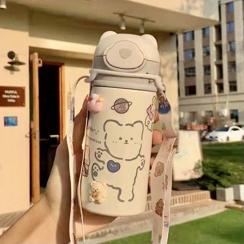 짚 보온병 컵 귀여운 높은 찾고 새로운 스타일 컵 간단한 학생 보온병 컵 휴대용, 색깔5, 표준 [싱글 컵 + 밀짚]