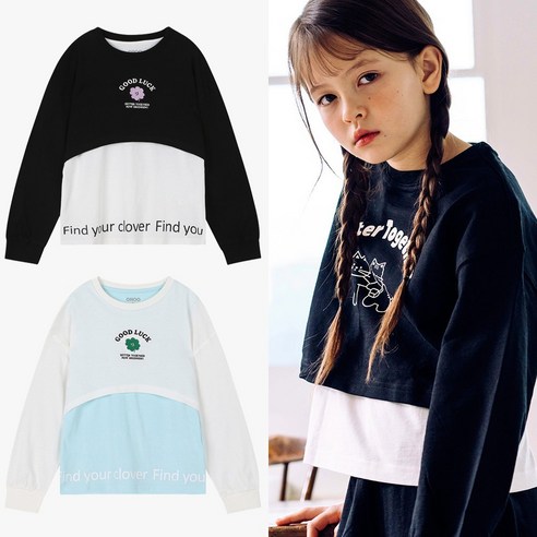 오후 중계점 *24년 SS신상 50%할인* 크롭 레이어드 티웻셔츠 (2Color) 크롭티 레이어드로 힙하고 트랜디해~ 여아 데일리 긴팔 티셔츠 8~13세