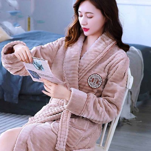 [SW] 남성 긴 목욕 가운 산호 양털 잠옷, Khaki women, {"크기":"M 155-160cm"}