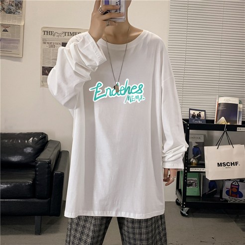 라운드 넥 긴팔 티셔츠 남성 가을과 겨울 홍콩 스타일 느슨한 커플 티셔츠 어 버전 트렌드 ins 인쇄 캐주얼 바닥 셔츠