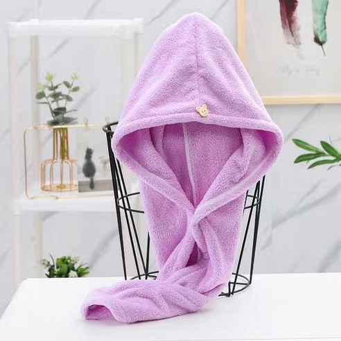두껍다 촘촘하다 산호 벨벳 마른 머리 모자 흡수 목욕 모자 가방 사이드 마른 머리 수건 속건 가을 겨울 스타일 가방 두건, 마른머리모자25x65cm, (곰 단추) 단층 강화 자색