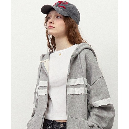 론론 RONRON TORCHON RIBBON LACE OVERSIZED HOODIE MELANGE GREY