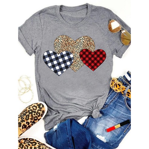 Emeili 표범 격자 무늬 심장 인쇄 티셔츠 womens 발렌타인 데이 재미있는 패턴 탑