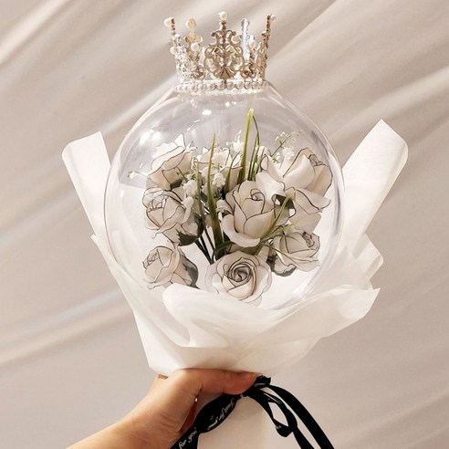 앨리스 아크릴 꽃풍선 장미 비누 꽃다발 대 (왕관+LED조명+쇼핑백 포함), 2.화이트로즈