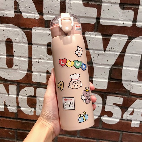 smy물컵 보온병 밀짚 여성 학생 창조적 인 성격 트렌드 스타일 작은 귀여운 간단한 휴대용 한국어 컵, 스티커 500 Ml/핑크, 하나
