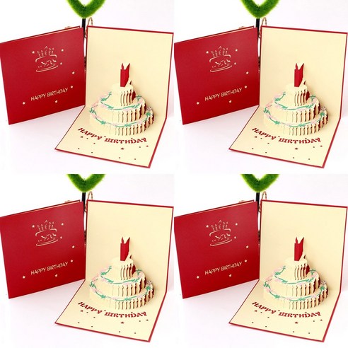 1/2/3/4구성 입체 3D 생일 축하 팝업 카드 촛불 케이크 초대장 파티 편지지, 레드4p