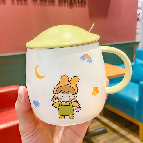 DFMEI 캐릭터 뚜껑 달린 숟가락 도자기 물컵 개성 아이디어 큐티 머그 여자 커피컵자, DFMEI 별하늘_420ML