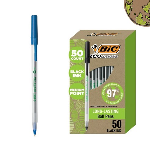 BIC 볼펜 라운드스틱 1.0mm 에콜루션 빅펜 12P, 50개, 블루