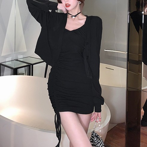 글램디브 셀마헤AJ1453 벌룬 퍼프 가디건 스트링 미니원피스 투피스 여성투피스 섹시원피스 데일리룩