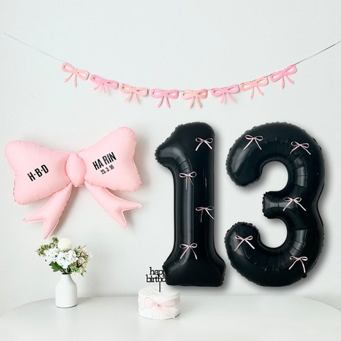 연지마켓 리본 숫자 풍선 블랙 생일 파티 두돌 세트 (자유레터링), 1세트, 리본풍선 블랙 13