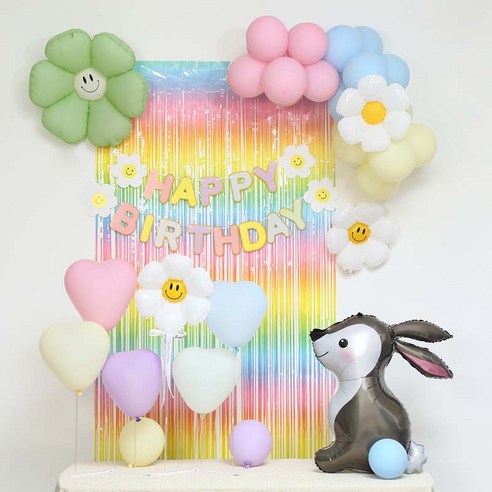 [피앤비유니티]스마일데이지 풍선스탠드 생일장식커튼세트 펌프포함, 1세트, 21)토끼(대) 마카롱커튼세트
