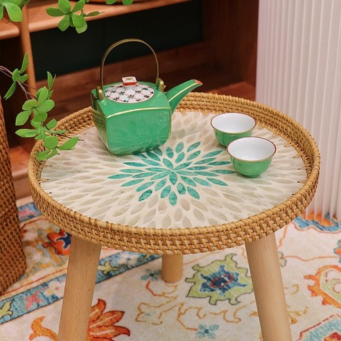 라탄 거실 테이블 인도네시아 핸드메이드 등나무 소파 사이드 테이블, 라운드이그조틱  35x 35cm