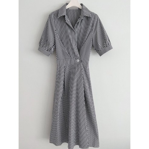 스트라이프 단추 롱 셔츠원피스