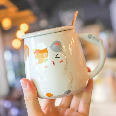 일본식 입체 부조 고양이 도자기 컵, 백색, 420ml