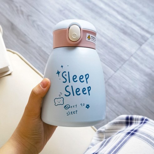 [LM] 600ml 곰 스티커 물병 스테인리스 보온병 짚 진공 절연 휴대용 Leakproof 텀블러 컵 선물, {"크기":"600ml"}, Blue