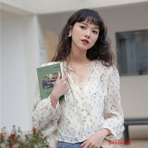 puildaug 레이스 칼라 꽃 셔츠 여성의 여름 얇은 셔츠