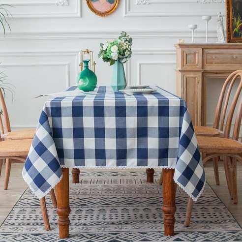 KORELAN 현대 심플한 방수 식탁 탁자보 면마 천 예 작은 싱그러운 체크 테이블 천, 미디엄 체크 블루