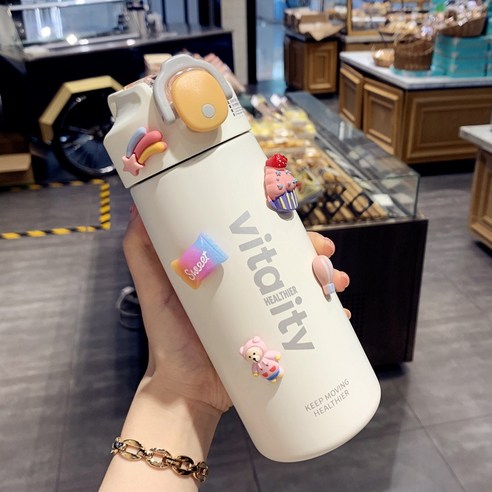 ZZJJC 텀블러 여성 폴라리스 스틸 빨대 물컵 여자 컵 주전자, 화이트(500ml+diy 장식) 빨대 브러시+컵 브러시, 용량 설명