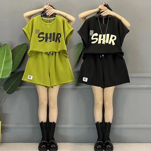 여성용 여름 루즈핏 데일리 트레이닝 운동복 프린트 반팔 반바지 세트 여성상하세트