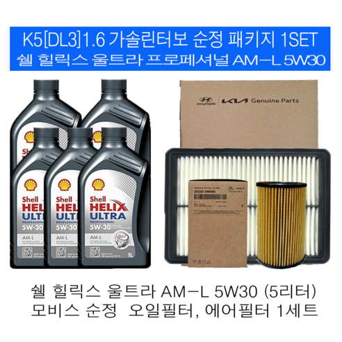 K5 DL3 1.6 가솔린터보 쉘 힐릭스 울트라 AM-L 5W30(5L)순정필터패키지, 기본, 1개