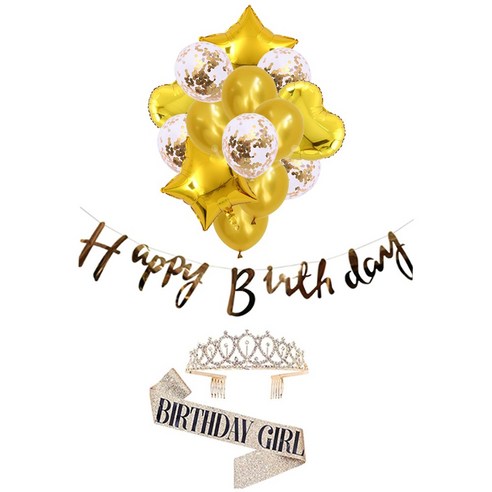 티아라 글리터 어깨띠 생일축하 레터링 가랜드 하트 스타 은박 혼합풍선 생일파티세트 [에브리띵스마일] 1227, 1세트, 골드 걸