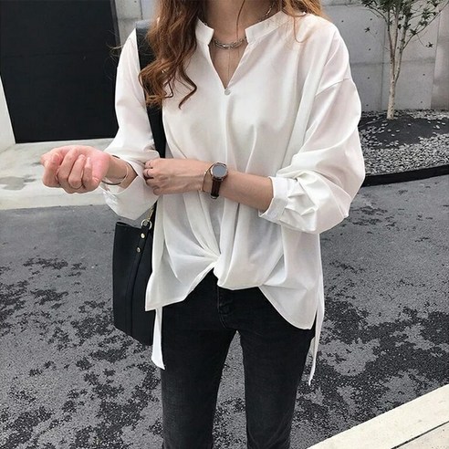 여성 한국어 스타일 간단한 기질 쉬폰 셔츠 여성 긴 소매 느슨한 셔츠