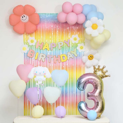 [피앤비유니티]스마일데이지 풍선스탠드 생일장식커튼세트 펌프포함, 1세트, 26-3)시나모롤 마카롱커튼세트3