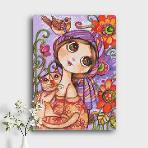 오늘의오브제 DIY 보석십자수 캔버스형 40x30cm, A1_13_소녀와 고양이와 새, 1개