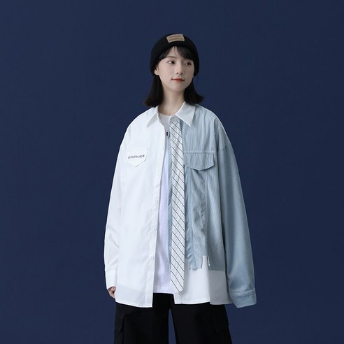 DFMEI 남성 캐주얼 셔츠 데님 바느질 남성 긴팔 Ins 디자인 틈새 셔츠 봄 패션 브랜드 커플 캐주얼 느슨한 코트