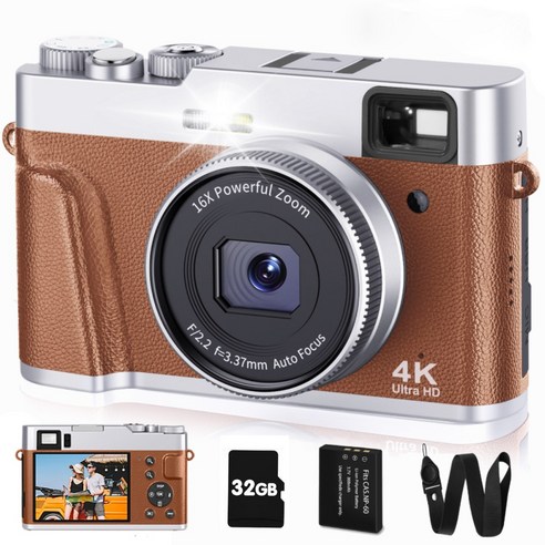4K 디지털 카메라 + 32GB SD 카드 뷰파인더 및 플래시가 포함된 4800W 자동 초점 동영상 블로그 카메라 사진 및 동영상용 카메라 휴대용 복고풍 여행용 카메라, 갈색