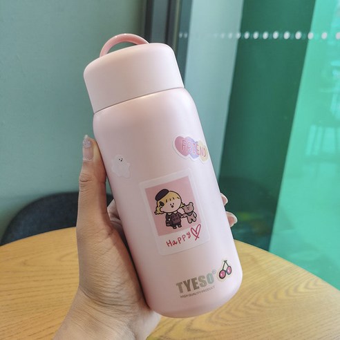 스테인리스 물 컵 간단한 모리 스타일 보온병 여성 하라주쿠 스타일 학생 귀여운 간단한 소녀 컵, 핑크 350 ml, 싱글컵+스티커+컵브러시