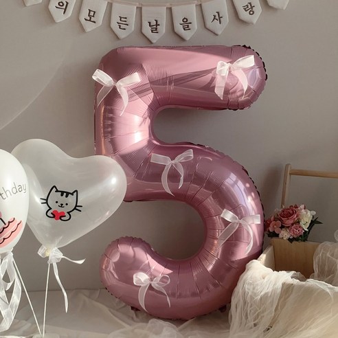 [DIY] 핑크 숫자 리본 풍선 생일 백일 첫돌 파티 졸업, 5, 1개