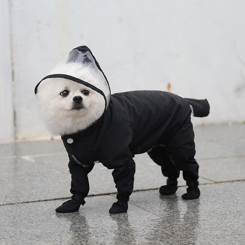 강아지 레인코트 소형견 중형견 올인원 비옷, 1개, 블랙