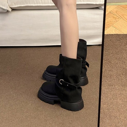 에쥬아 가죽 부츠 방수 부츠 버클포인트 키높이 앵클 부츠 4cm