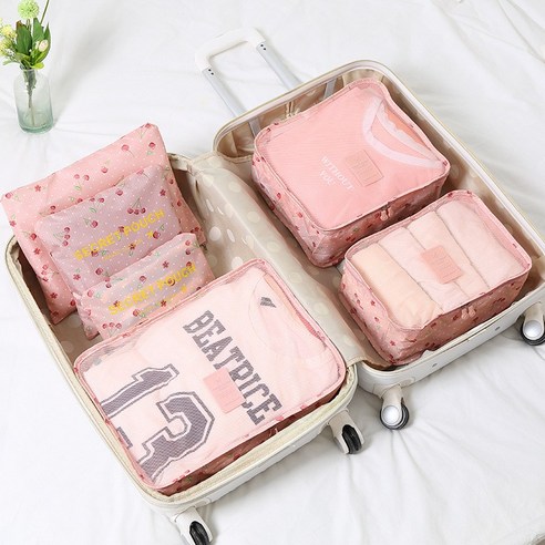 방수 의류 여행 수납 가방 세트 출장 여행 트렁크 의류 속옷 정리 가방 6가지 세트, 핑크 체리