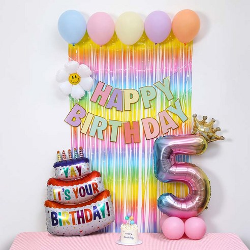 [피앤비유니티]스마일데이지 풍선스탠드 생일장식커튼세트 펌프포함, 1세트, 03-5)숫자기본형마카롱커튼세트5